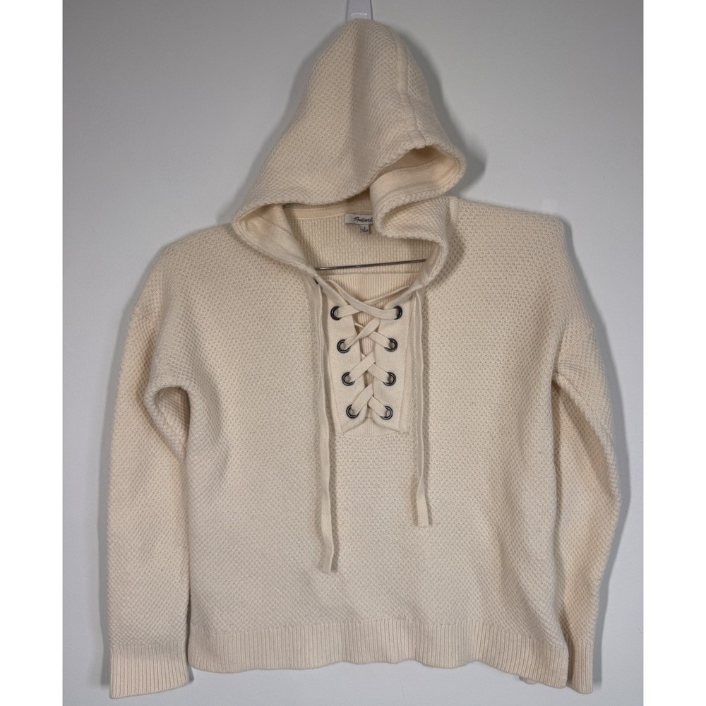 Madewell Cream Merino Wool Waffle Knit Hooded Lace Up Sweater Women's S Outdoors